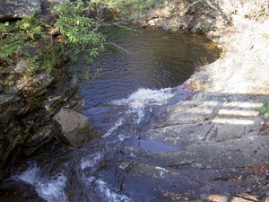 View from the footbridge down across the top of the falls